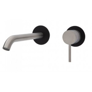 Kaya Wall Basin/Bath Mixer Set, Brushed Nickel, Matte Black Round Plates, 200mm Outlet